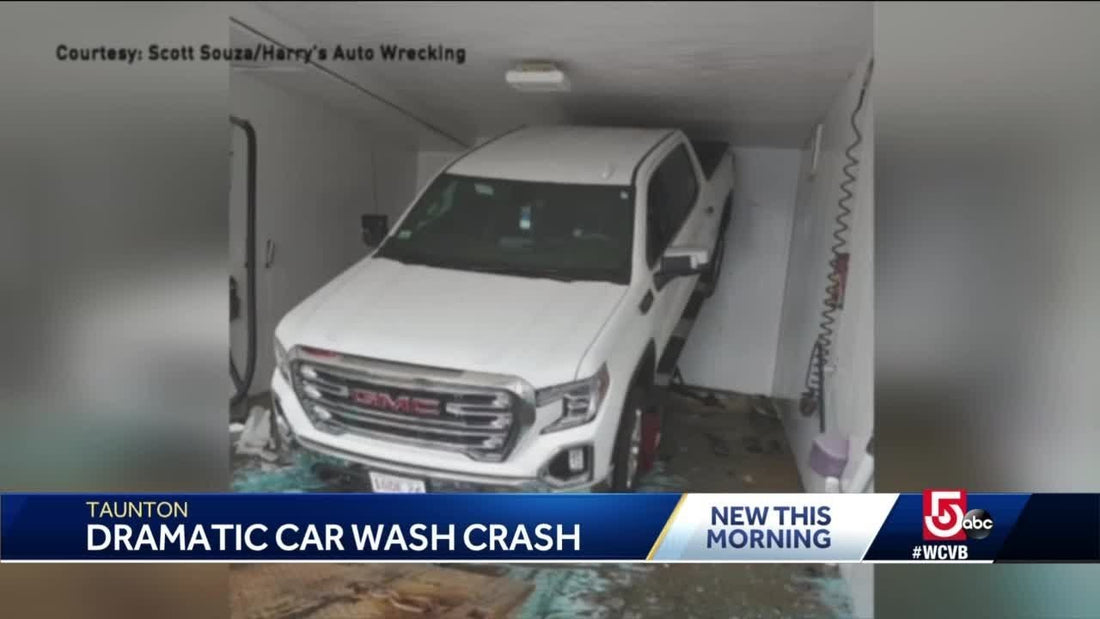 news clip of a truck that crashed into his garage during a car wash