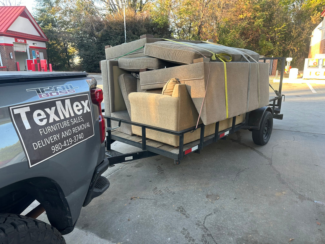 TexMex Work Truck and Trailer with Company Logo on the side Removing a 6 Piece Sectional for Free